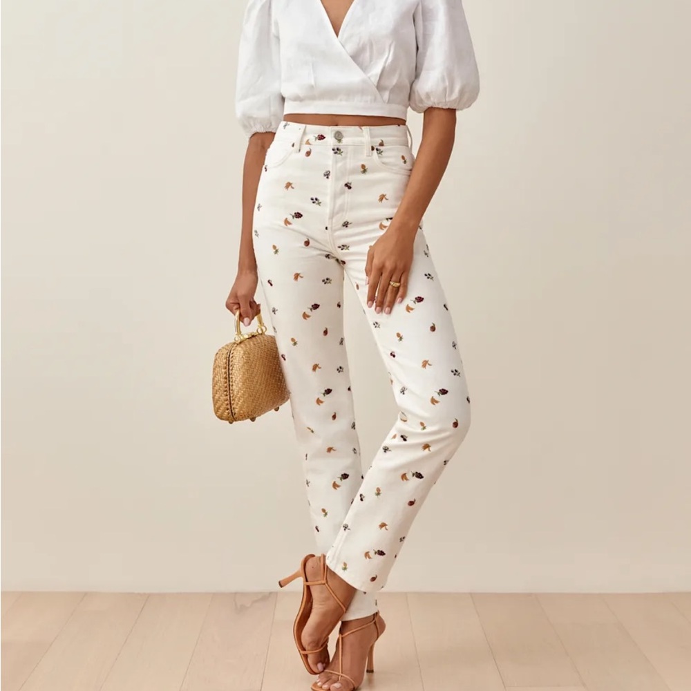 Reformation White Straight-Leg Jeans with Multicolor Floral Print